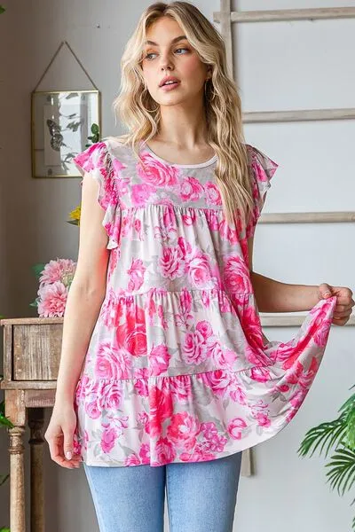 Hazel Blues® | Heimish Butterfly Sleeve Round Neck Floral Tiered Top