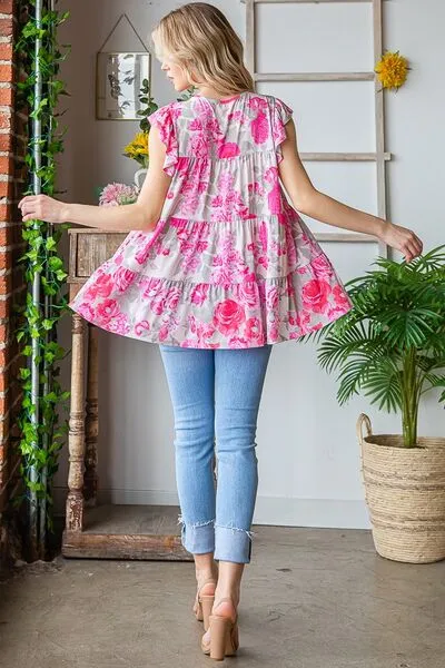 Hazel Blues® | Heimish Butterfly Sleeve Round Neck Floral Tiered Top