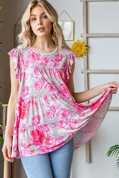 Hazel Blues® | Heimish Butterfly Sleeve Round Neck Floral Tiered Top