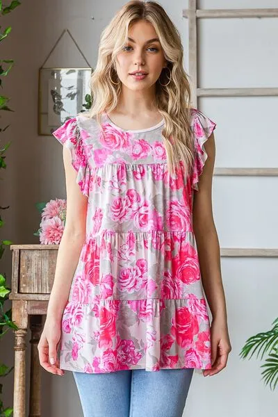 Hazel Blues® | Heimish Butterfly Sleeve Round Neck Floral Tiered Top