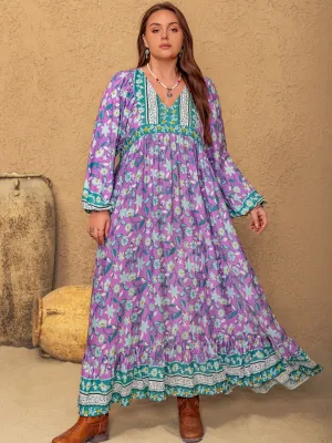 Hazel Blues® | Printed V-Neck Long Sleeve Maxi Dress