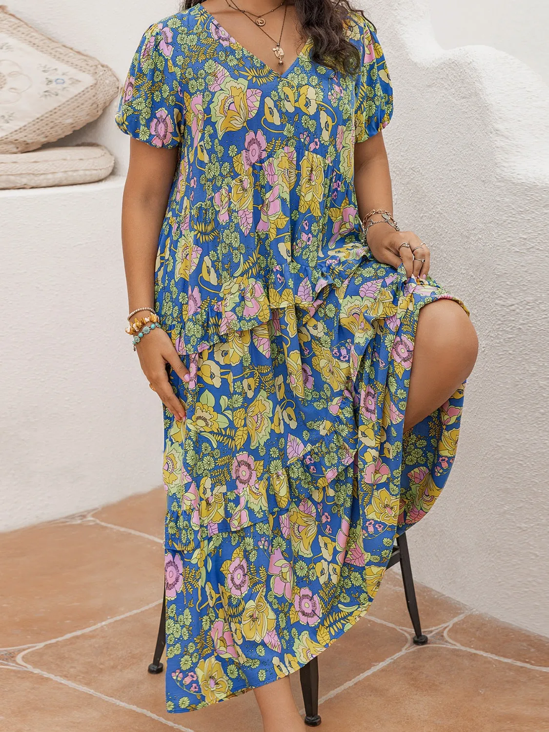 Hazel Blues® | Printed V-Neck Short Sleeve Maxi Dress