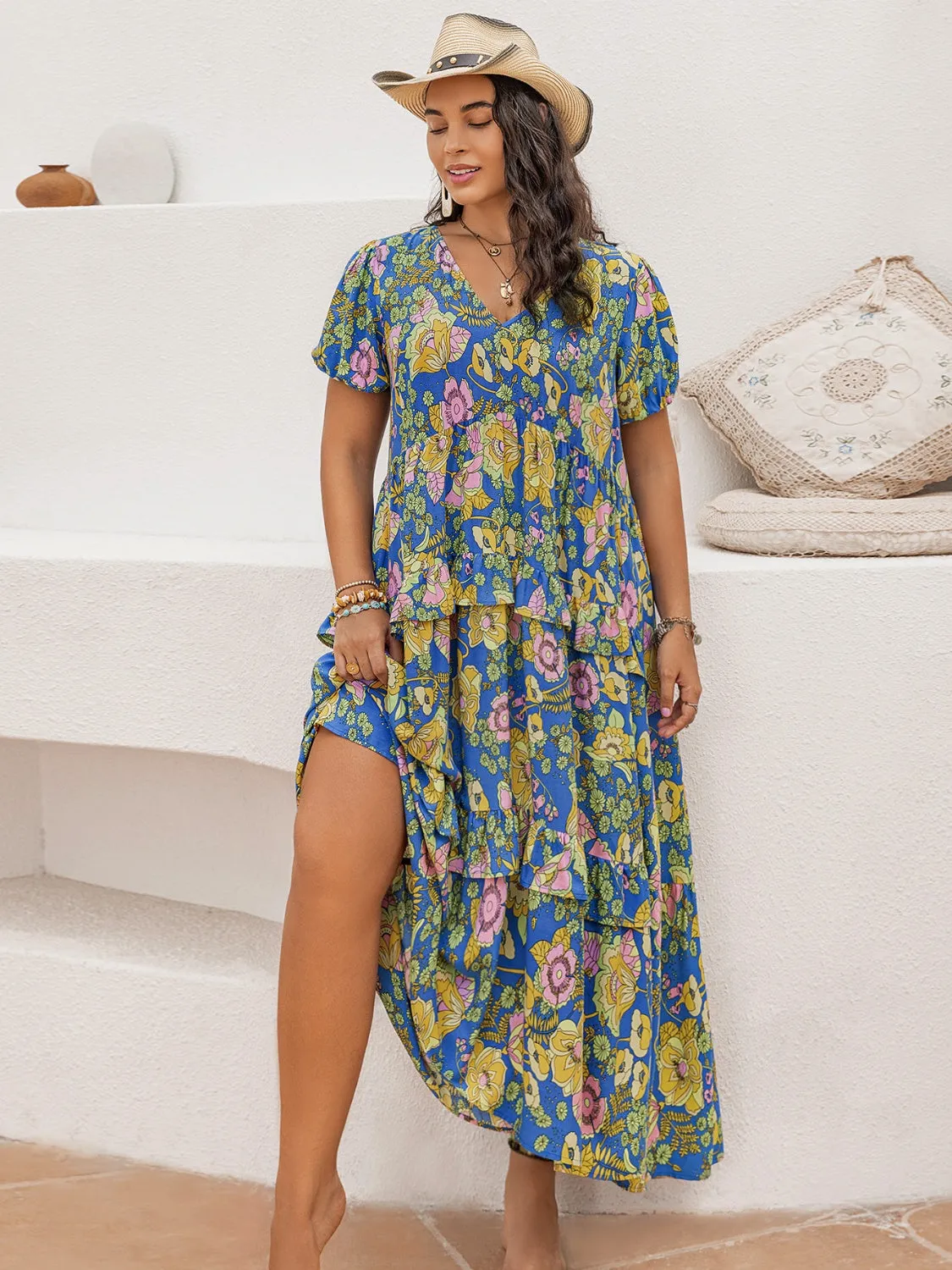 Hazel Blues® | Printed V-Neck Short Sleeve Maxi Dress