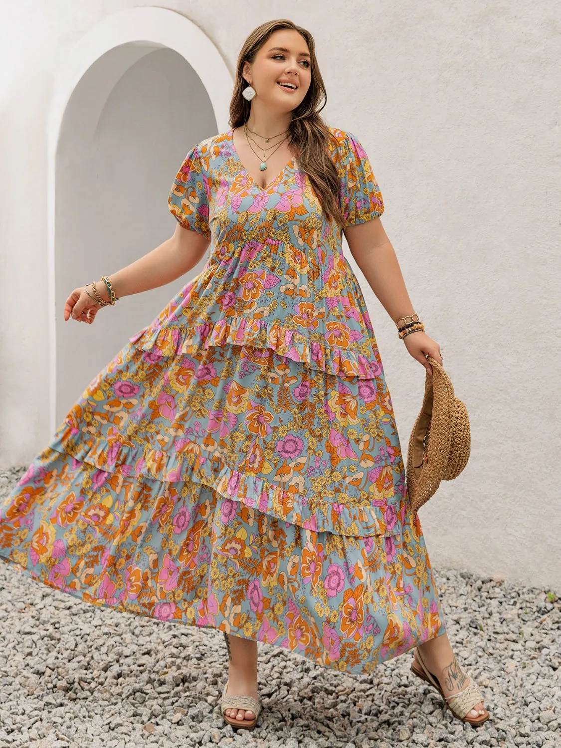 Hazel Blues® | Printed V-Neck Short Sleeve Maxi Dress