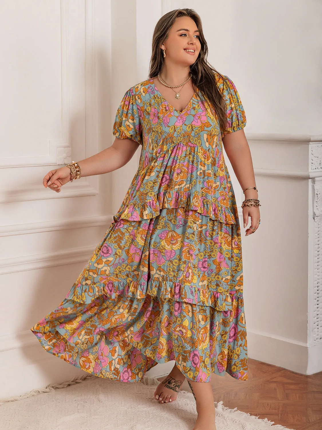 Hazel Blues® | Printed V-Neck Short Sleeve Maxi Dress