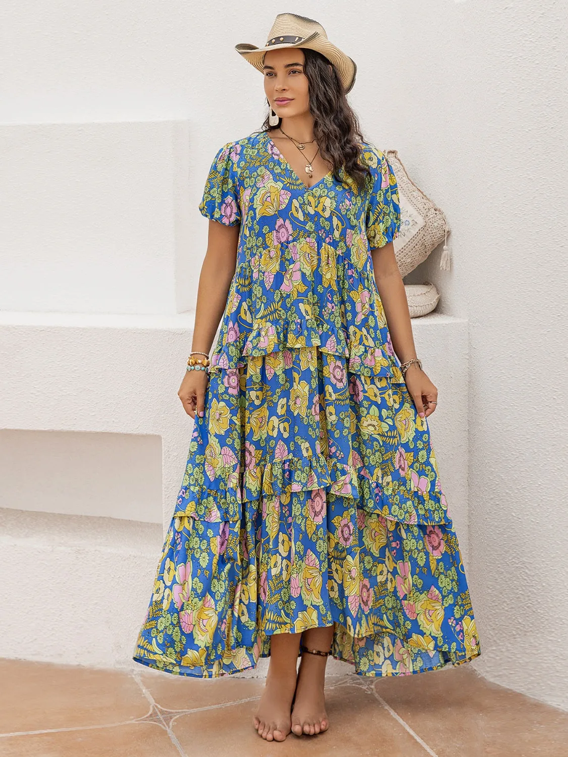 Hazel Blues® | Printed V-Neck Short Sleeve Maxi Dress