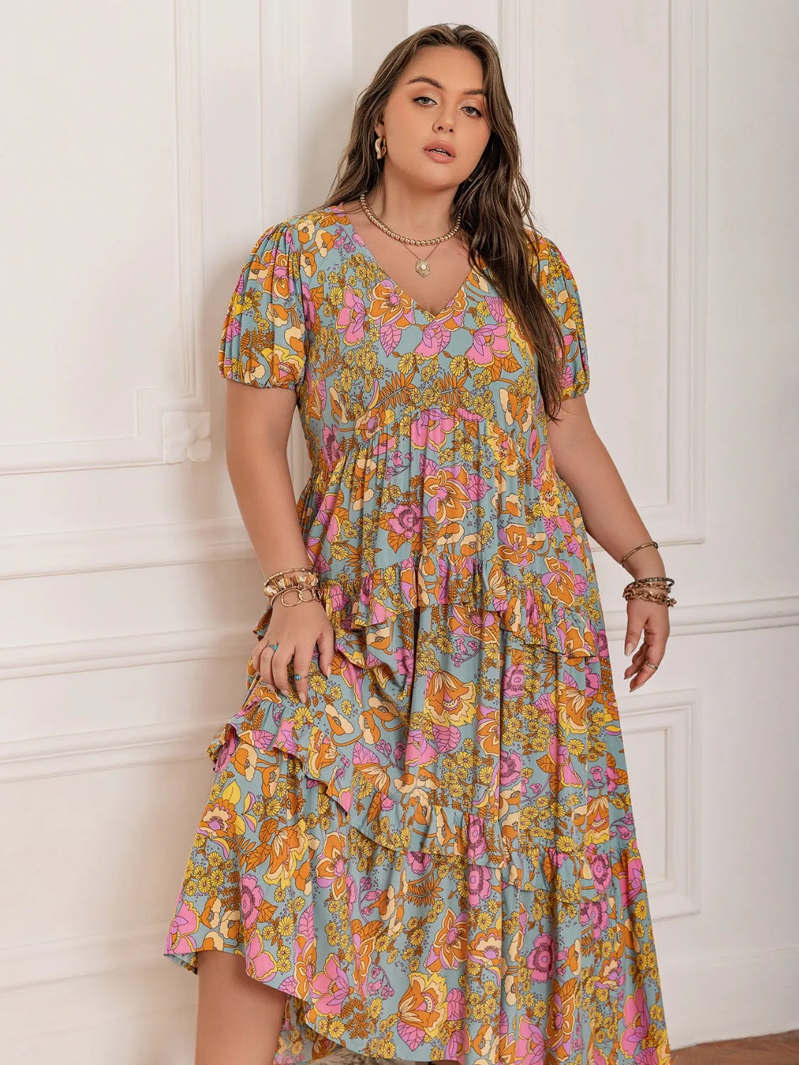 Hazel Blues® | Printed V-Neck Short Sleeve Maxi Dress