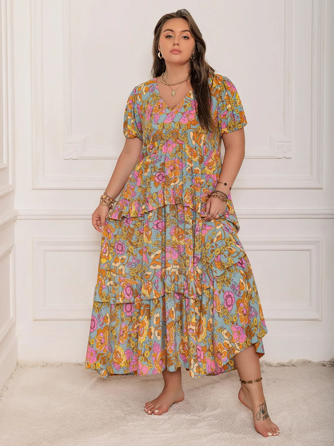 Hazel Blues® | Printed V-Neck Short Sleeve Maxi Dress