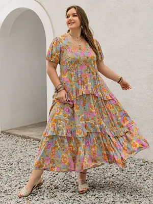 Hazel Blues® | Printed V-Neck Short Sleeve Maxi Dress