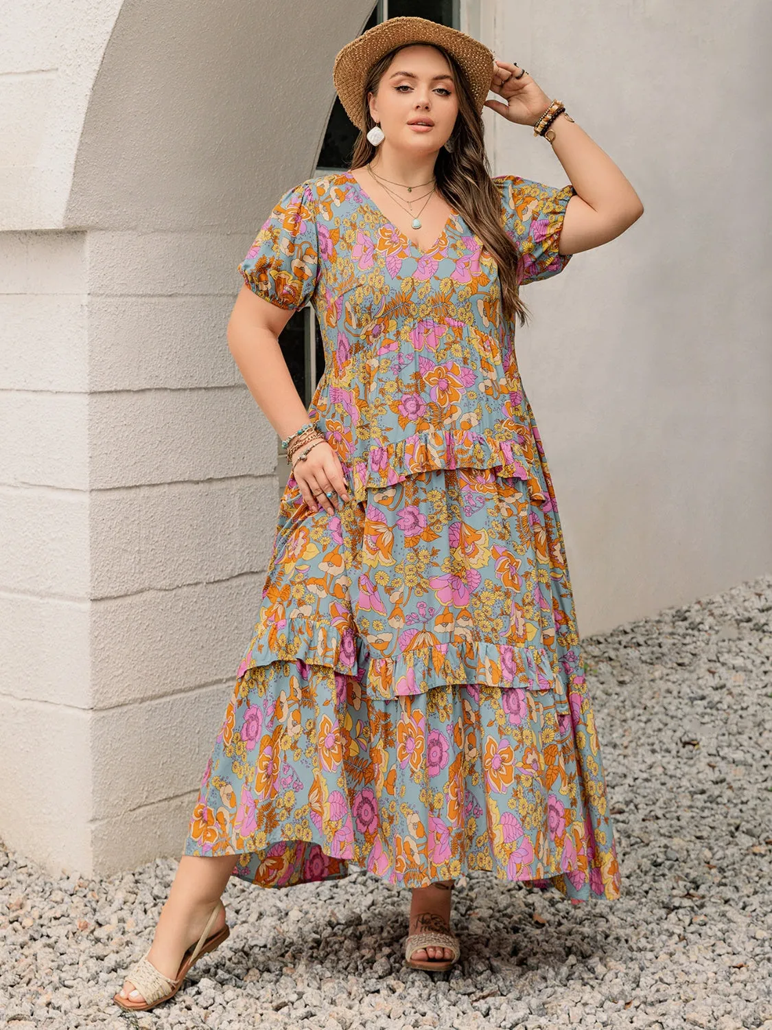 Hazel Blues® | Printed V-Neck Short Sleeve Maxi Dress