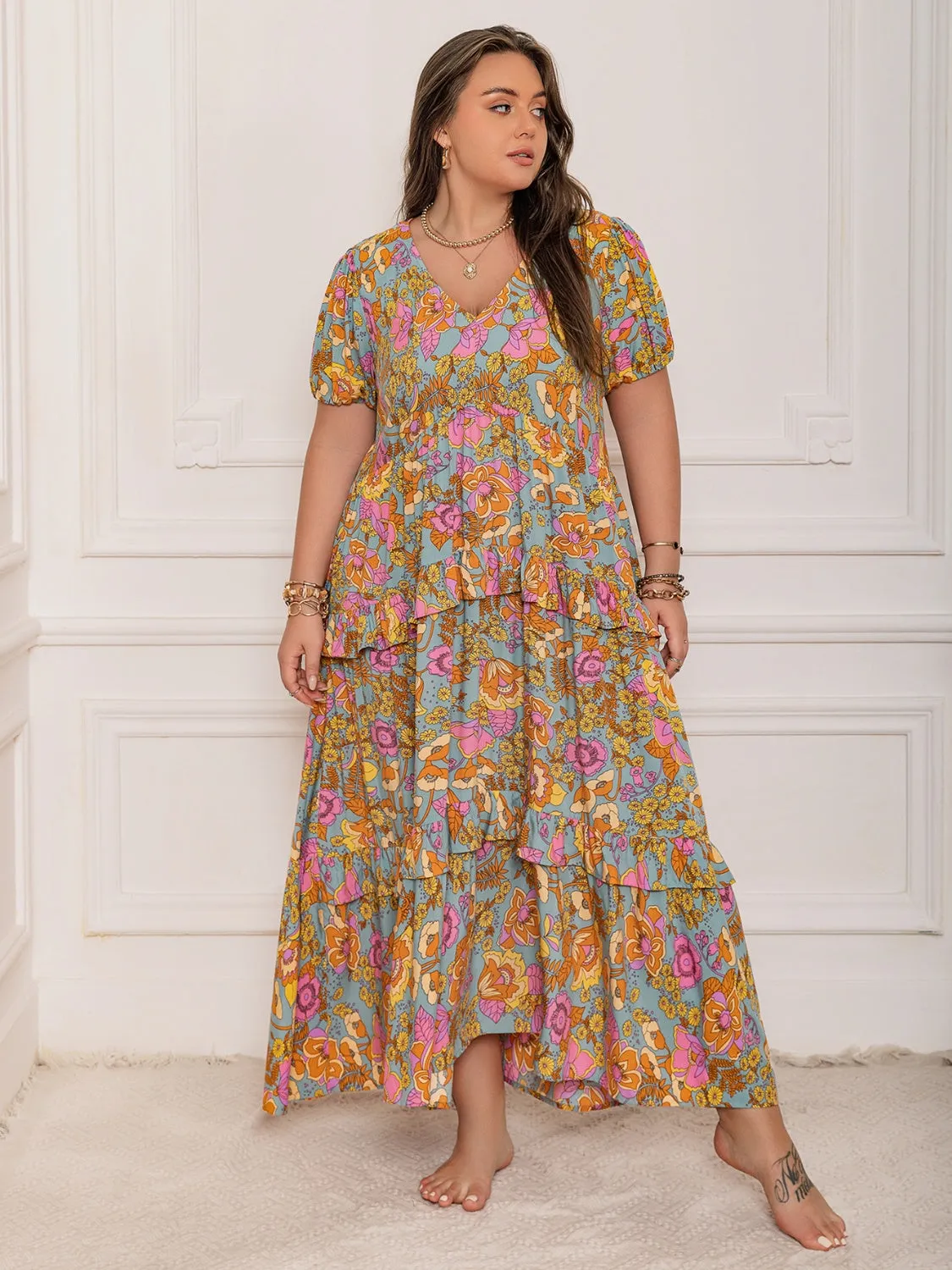Hazel Blues® | Printed V-Neck Short Sleeve Maxi Dress