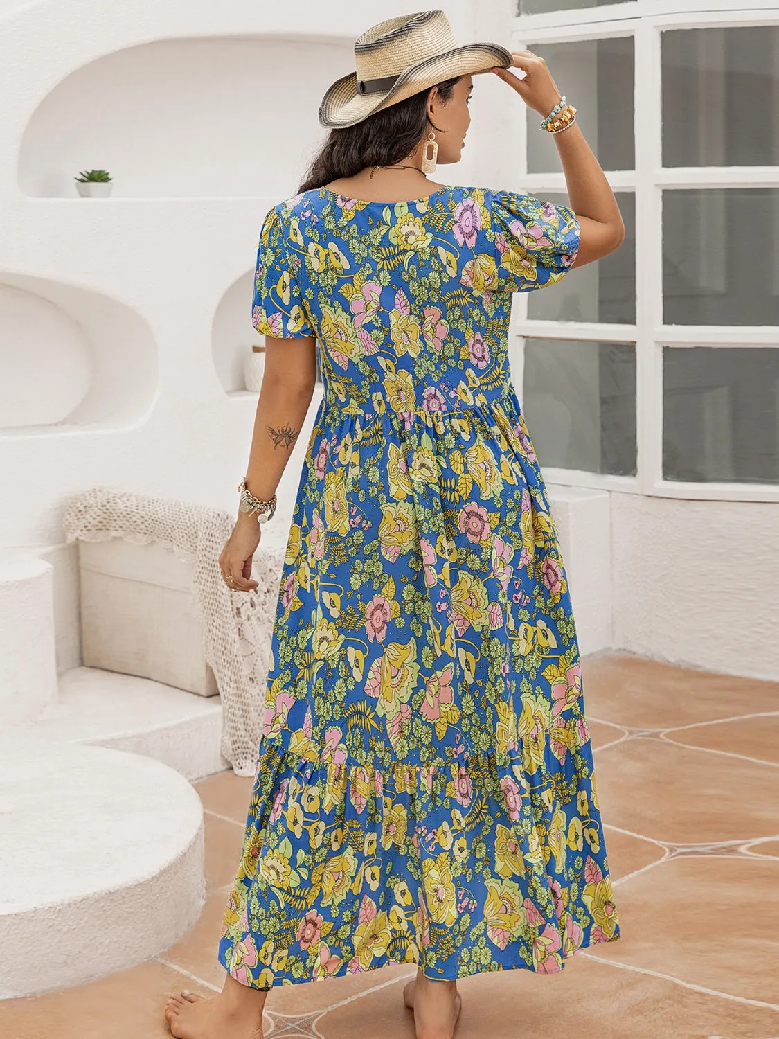 Hazel Blues® | Printed V-Neck Short Sleeve Maxi Dress