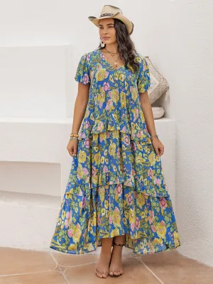 Hazel Blues® | Printed V-Neck Short Sleeve Maxi Dress