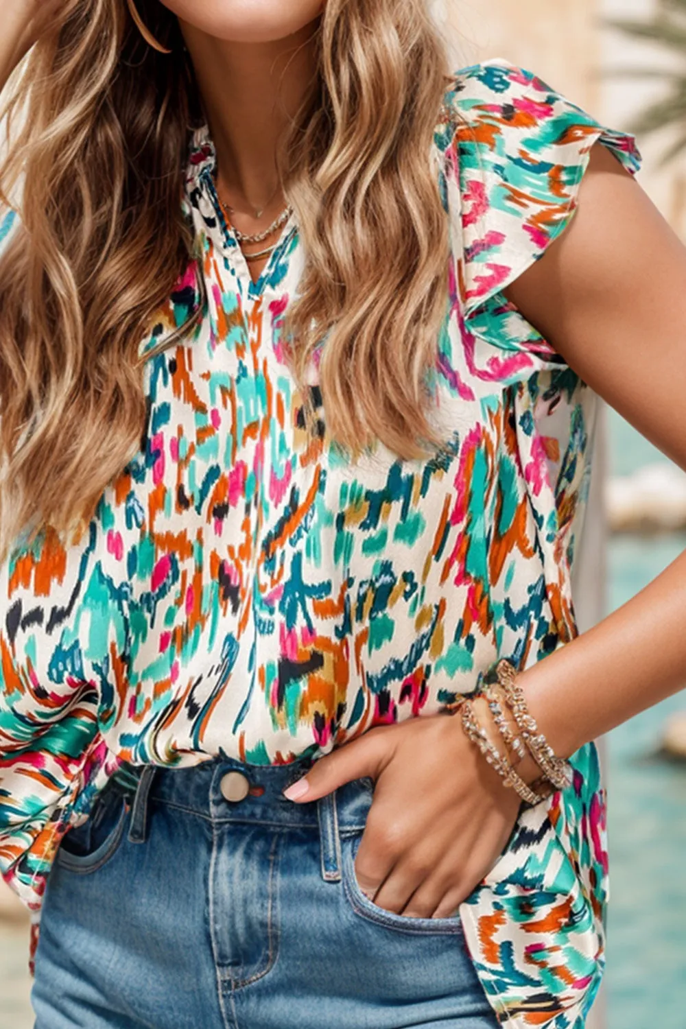 Hazel Blues® |  Ruffled Printed Notched Cap Sleeve Blouse