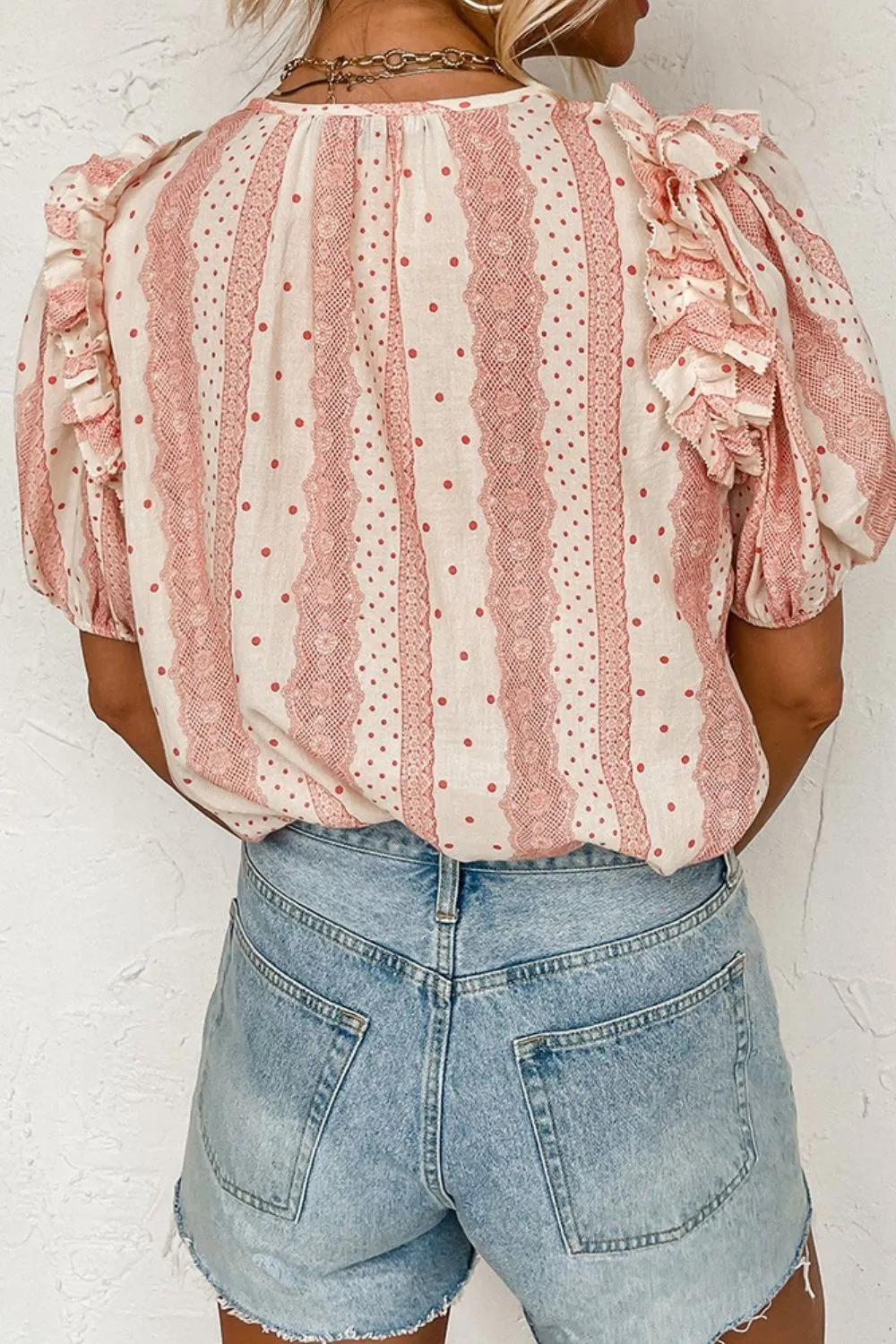 Hazel Blues® |  Ruffled Printed Tie Neck Short Sleeve Blouse