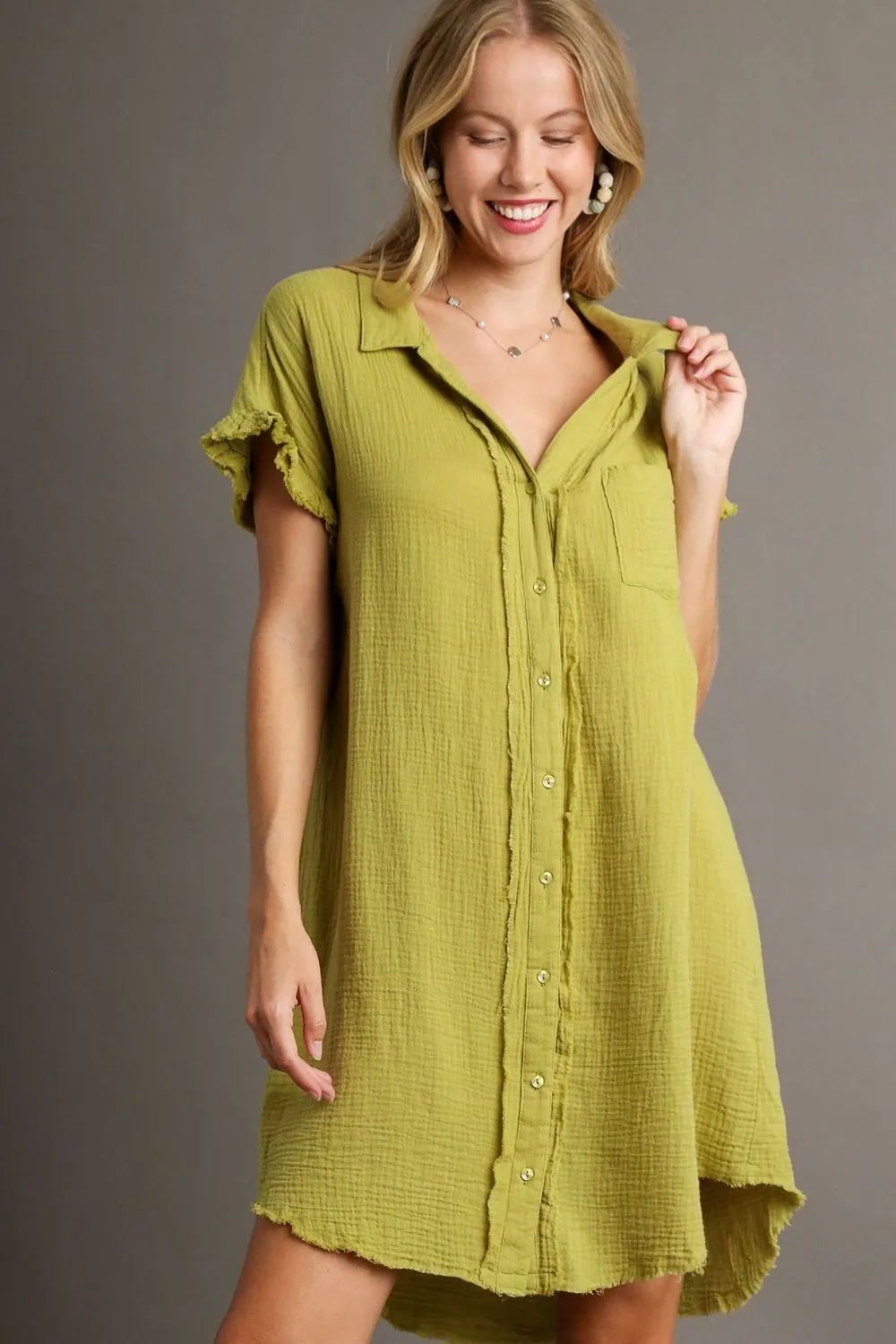 Hazel Blues® | Umgee Raw Hem Button Down Short Sleeve Gauze Shirt Dress