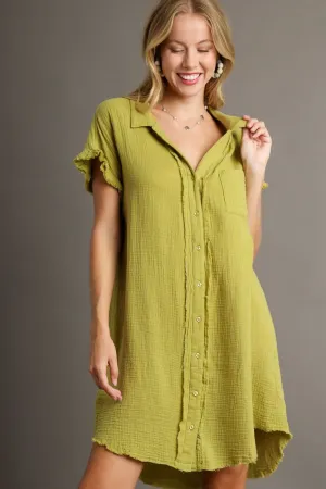 Hazel Blues® | Umgee Raw Hem Button Down Short Sleeve Gauze Shirt Dress
