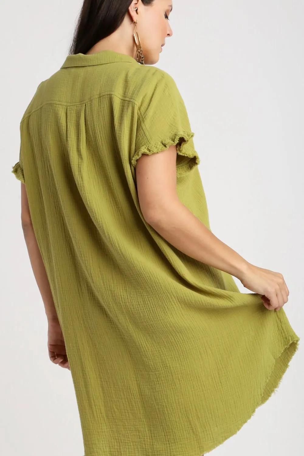 Hazel Blues® | Umgee Raw Hem Button Down Short Sleeve Gauze Shirt Dress