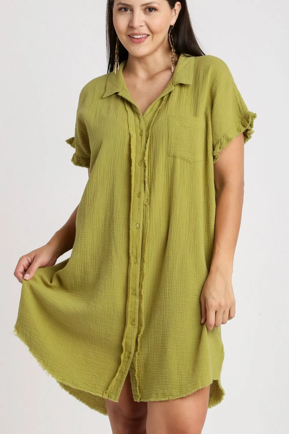 Hazel Blues® | Umgee Raw Hem Button Down Short Sleeve Gauze Shirt Dress