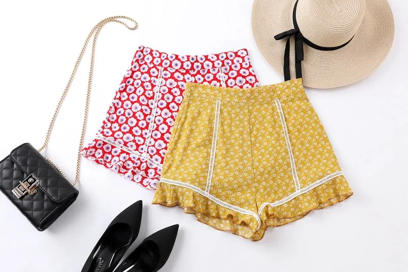 Holiday High Waist Printed Ruffled Stitching Lace Shorts