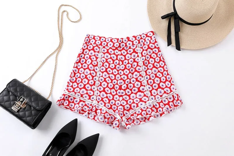 Holiday High Waist Printed Ruffled Stitching Lace Shorts