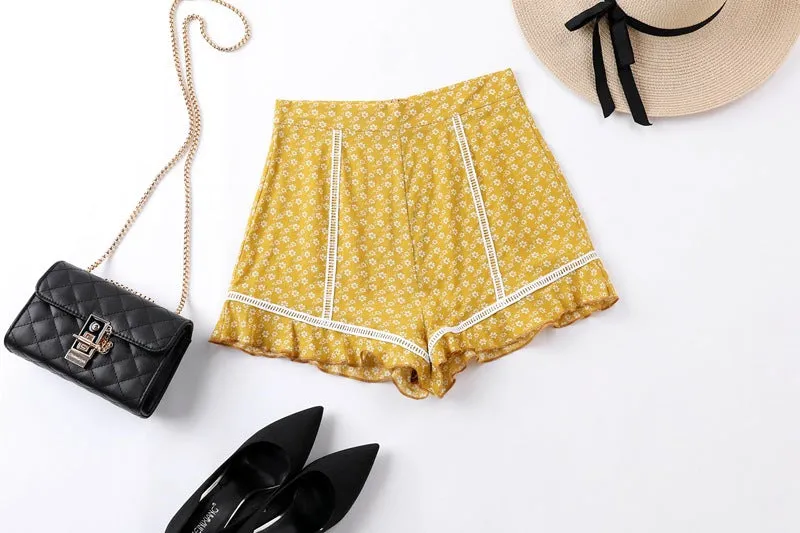 Holiday High Waist Printed Ruffled Stitching Lace Shorts