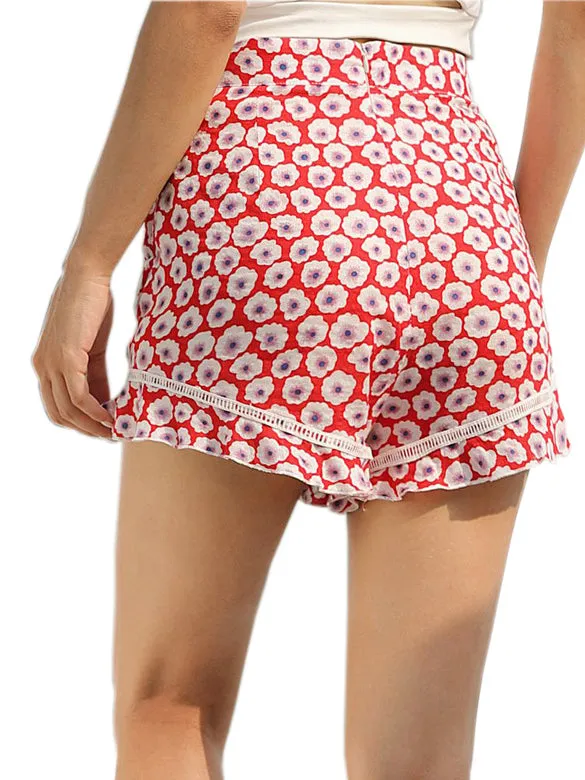 Holiday High Waist Printed Ruffled Stitching Lace Shorts