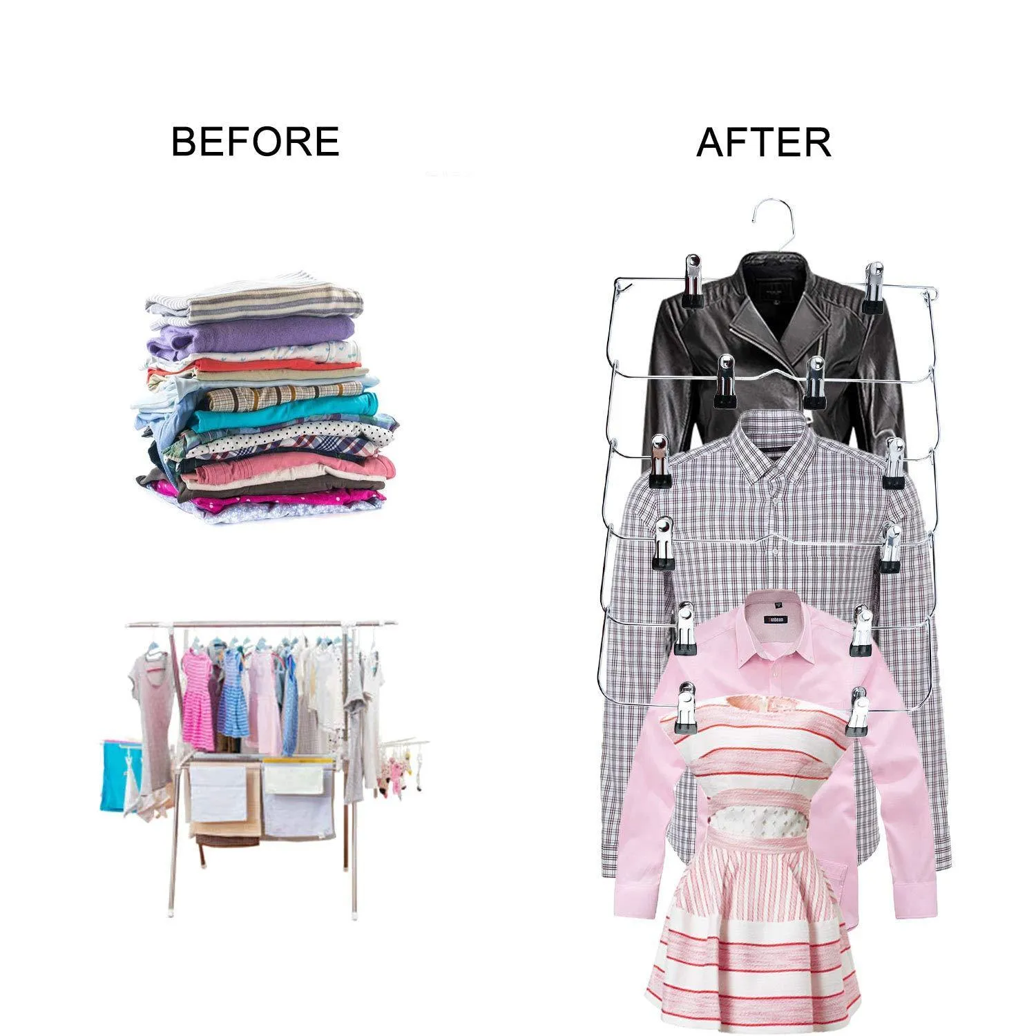 Homend 6 Tier Skirt Hangers Foldable Pants Hangers Closet Organizer Stainless Steel Fold up Space Saving Hangers (5 Pack)