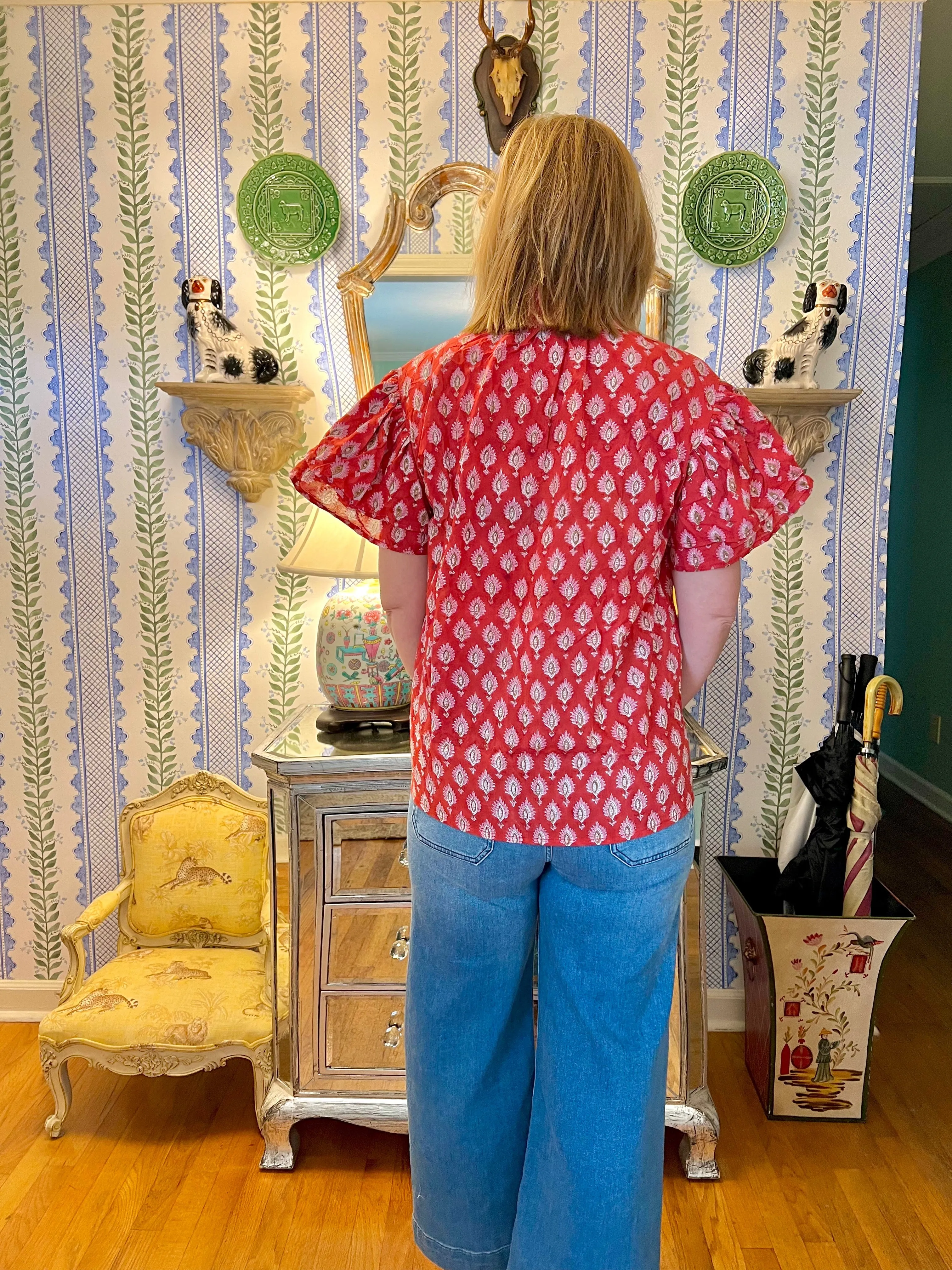Honey Ruffle Sleeve Block Print Top in Red