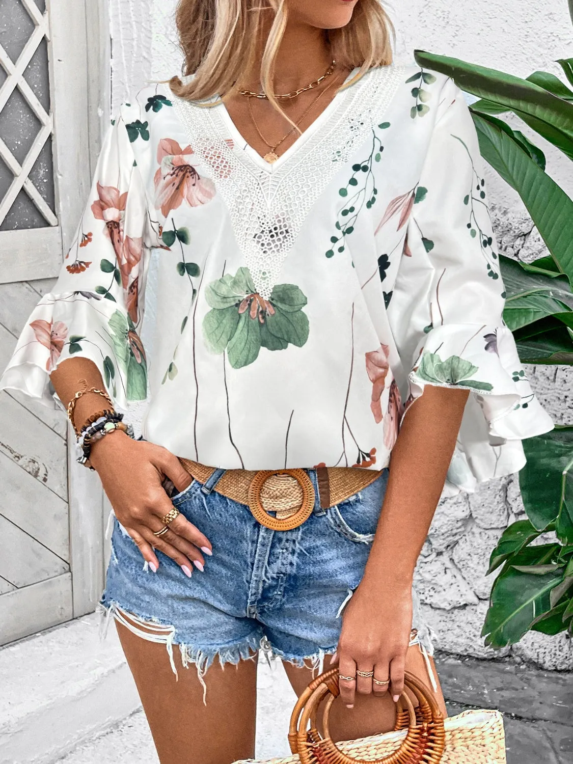 Honey Ruffled Printed V-Neck Half Sleeve Blouse (4 Print Colors)