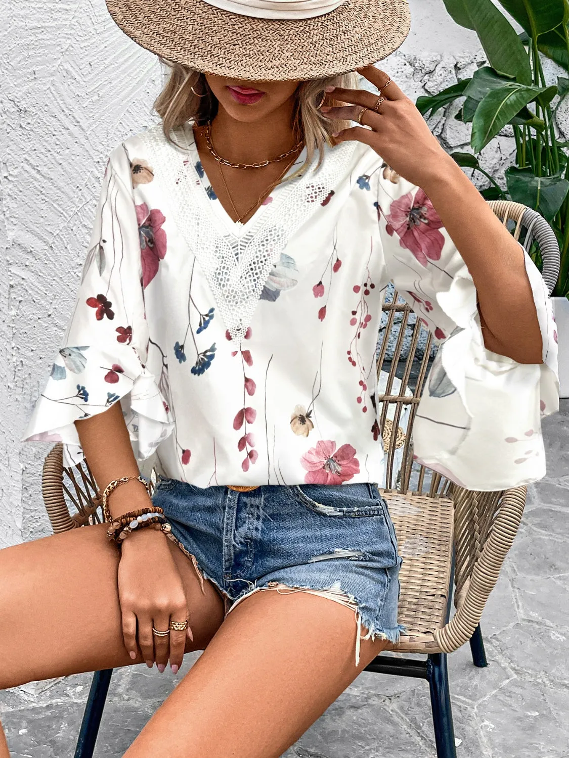 Honey Ruffled Printed V-Neck Half Sleeve Blouse (4 Print Colors)