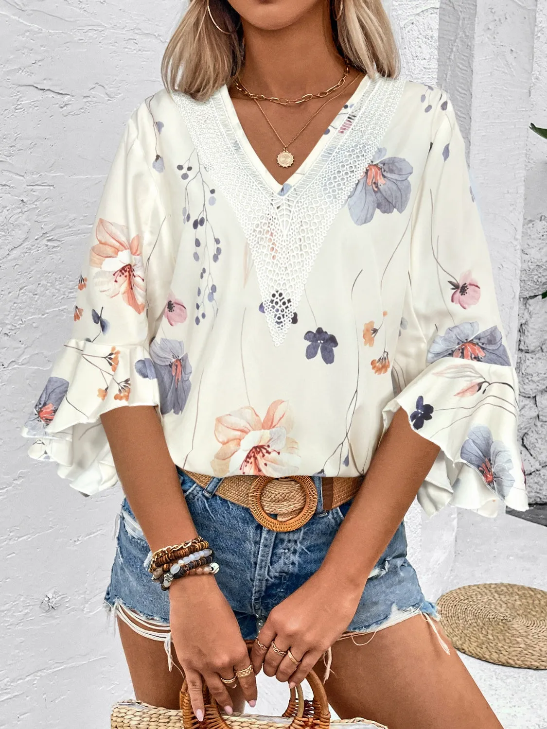Honey Ruffled Printed V-Neck Half Sleeve Blouse (4 Print Colors)