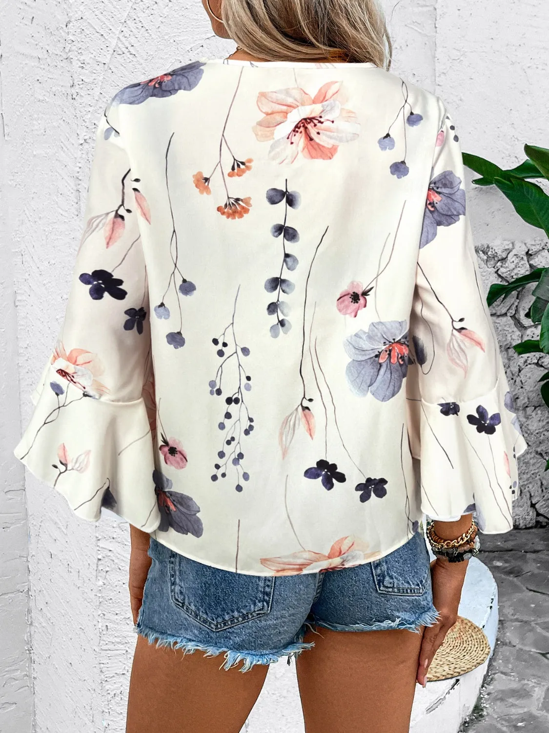 Honey Ruffled Printed V-Neck Half Sleeve Blouse (4 Print Colors)