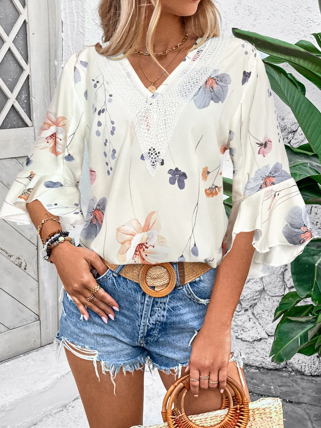 Honey Ruffled Printed V-Neck Half Sleeve Blouse (4 Print Colors)