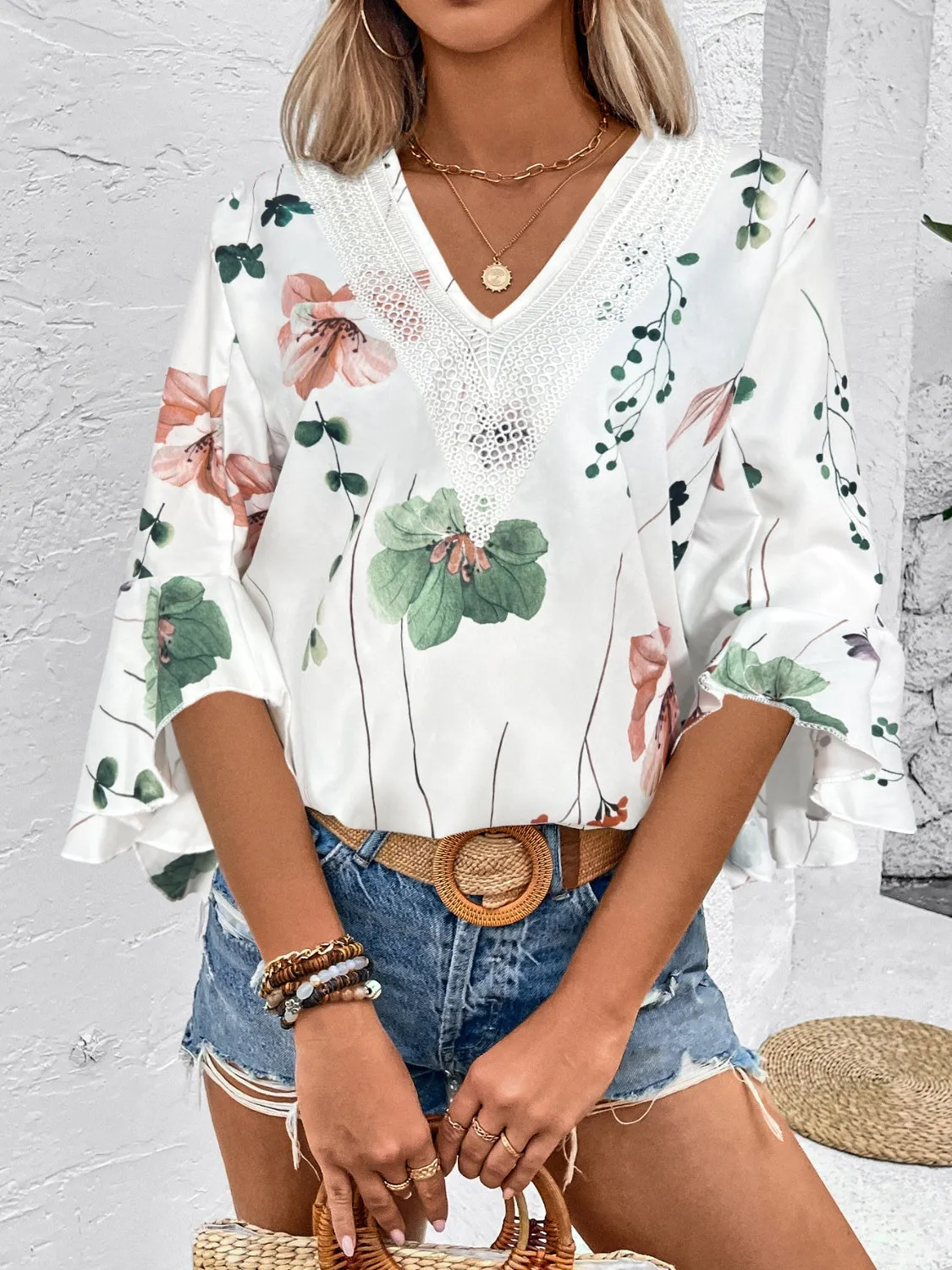 Honey Ruffled Printed V-Neck Half Sleeve Blouse (4 Print Colors)