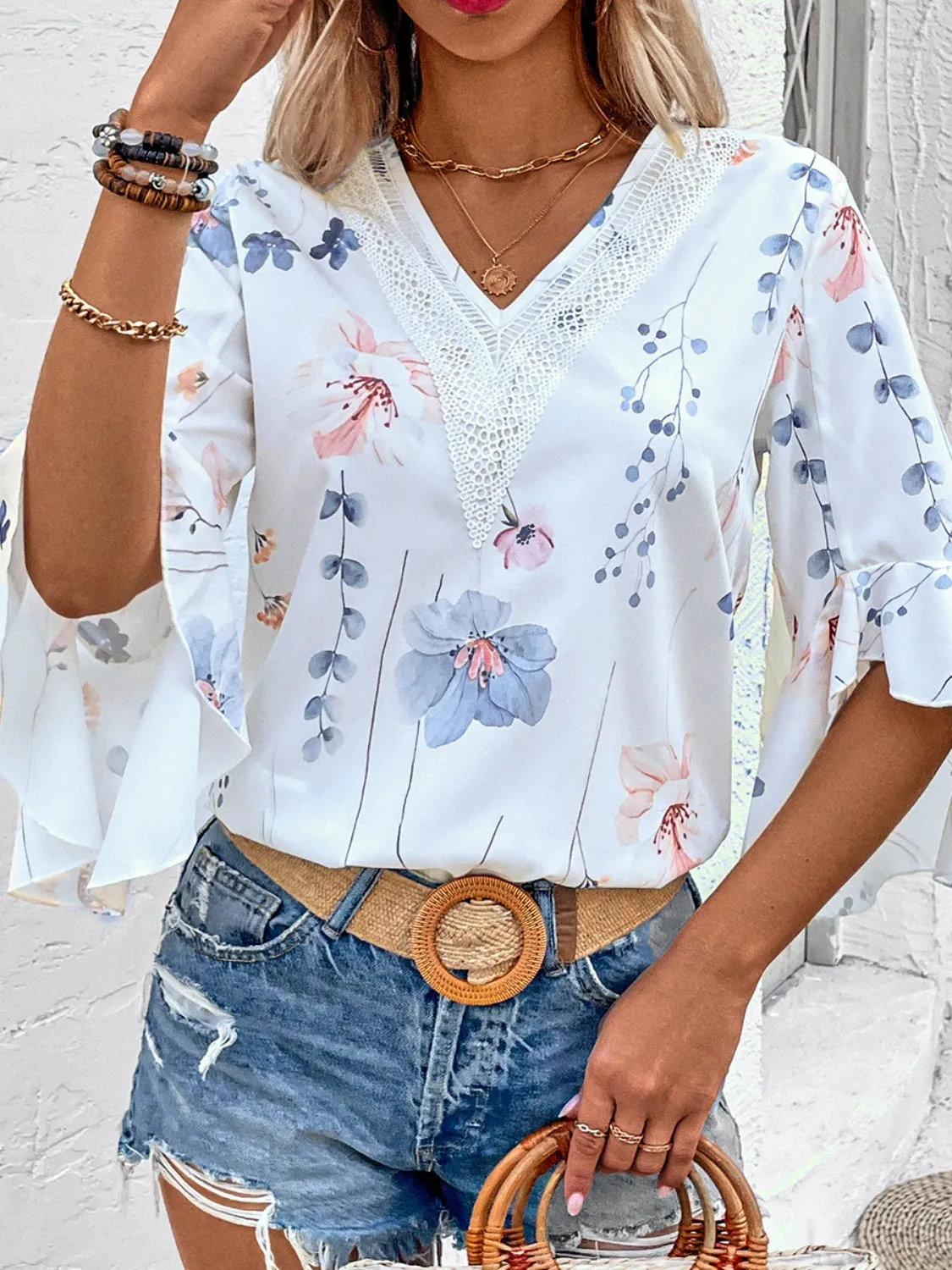 Honey Ruffled Printed V-Neck Half Sleeve Blouse (4 Print Colors)