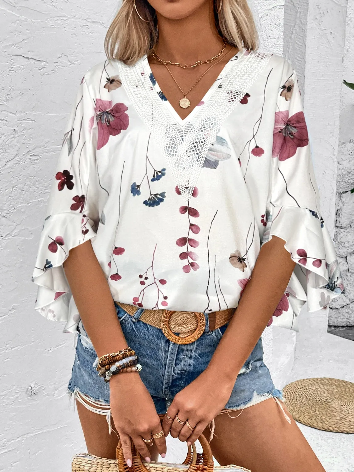 Honey Ruffled Printed V-Neck Half Sleeve Blouse (4 Print Colors)