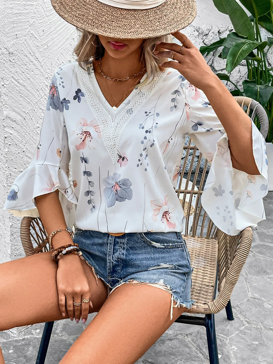 Honey Ruffled Printed V-Neck Half Sleeve Blouse (4 Print Colors)