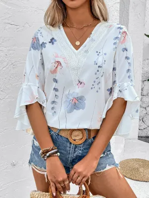 Honey Ruffled Printed V-Neck Half Sleeve Blouse (4 Print Colors)