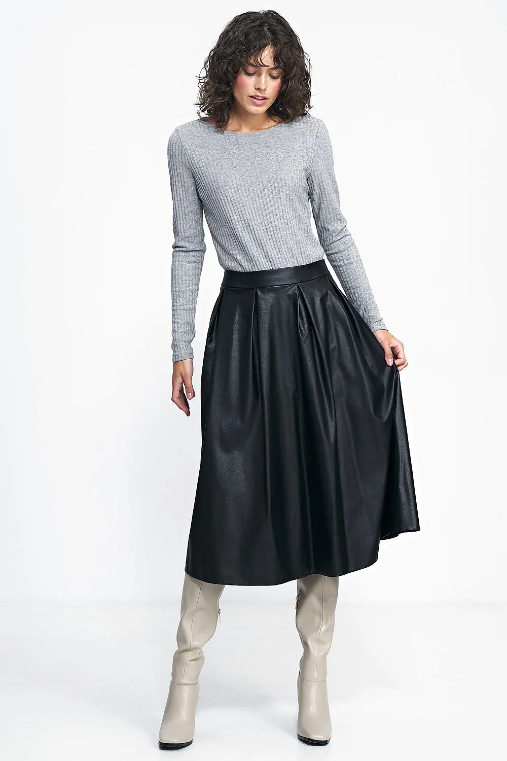 Imitation Leather Midi Skirt with Belt