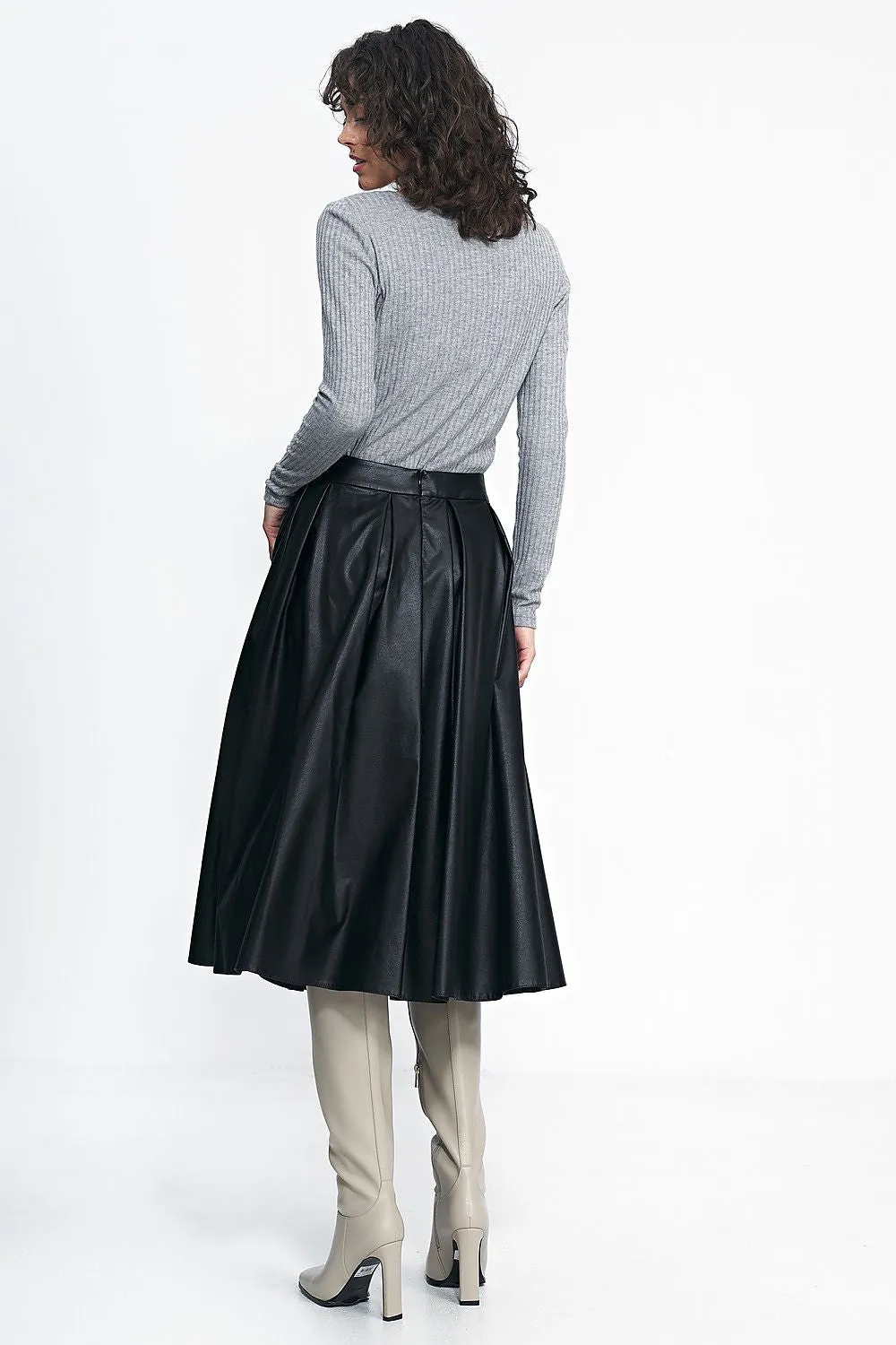 Imitation Leather Midi Skirt with Belt