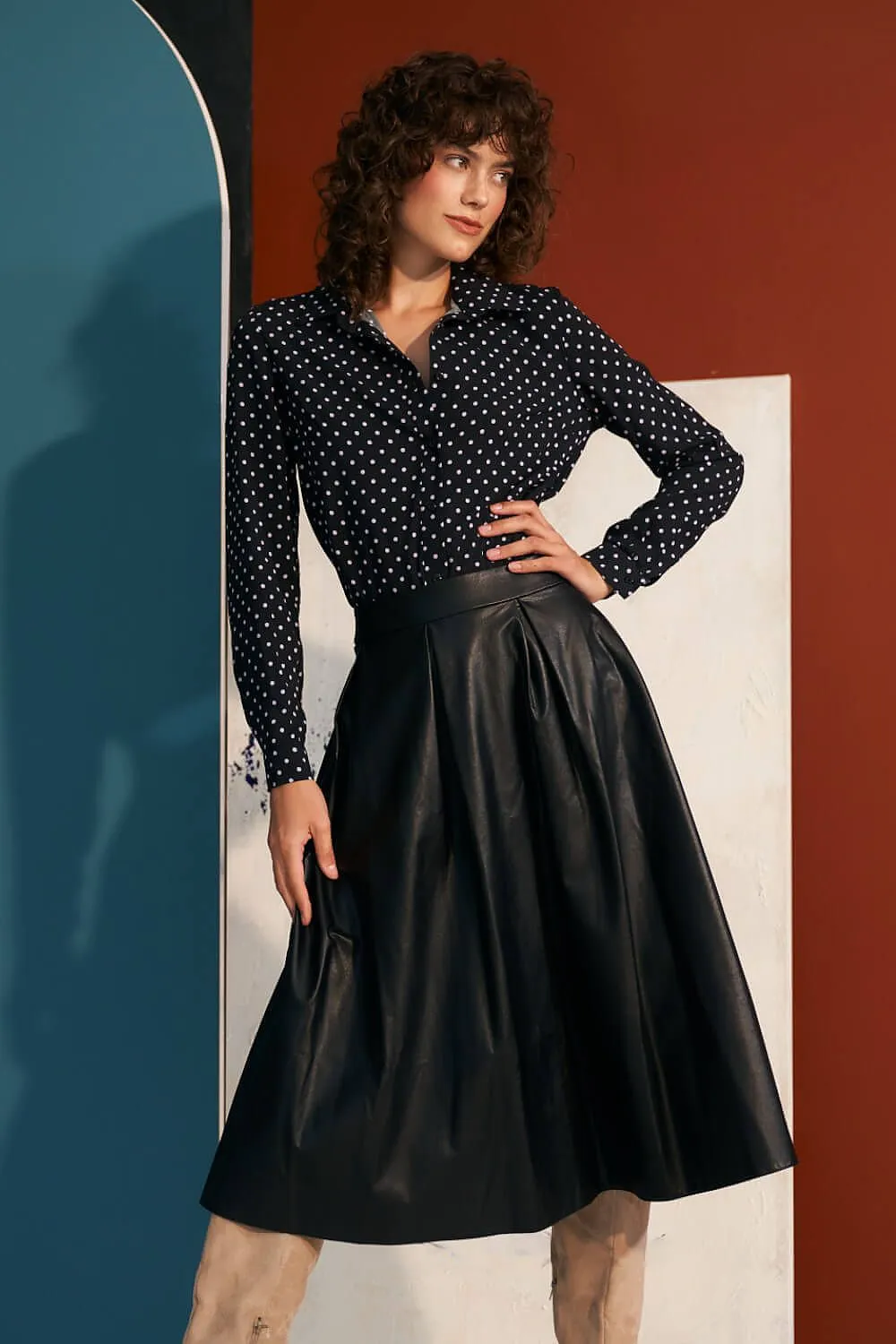 Imitation Leather Midi Skirt with Belt