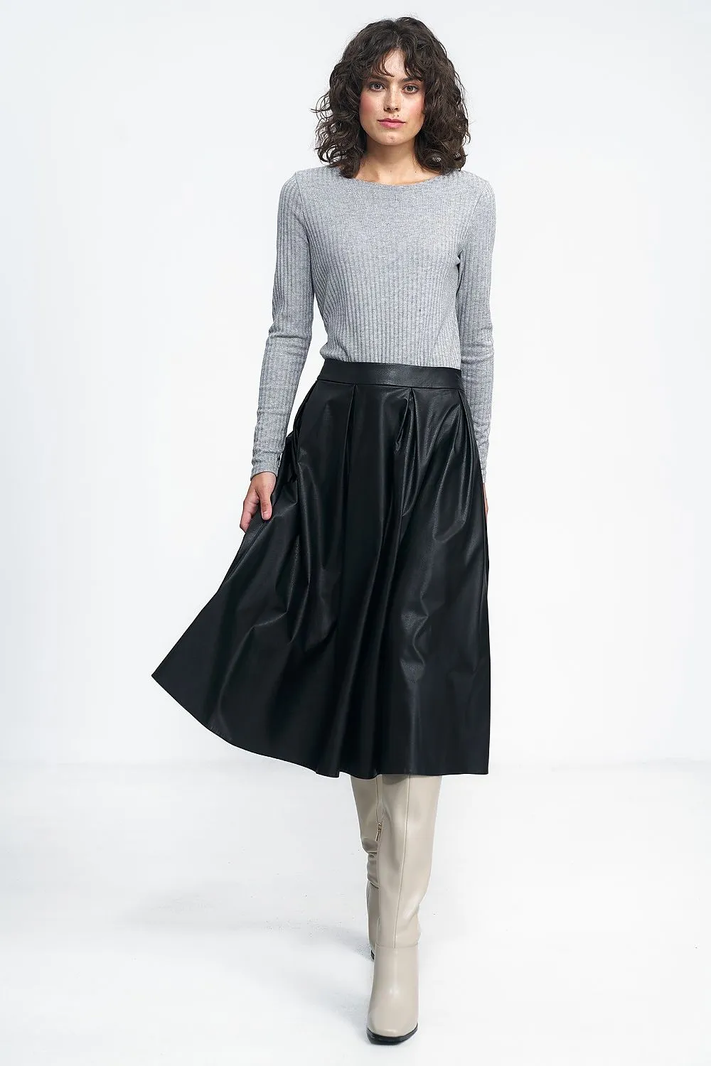 Imitation Leather Midi Skirt with Belt