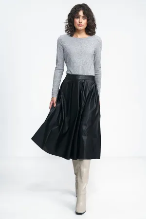 Imitation Leather Midi Skirt with Belt