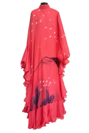 Important Fall 1972 Hanae Mori Couture Ad & Book Piece Silk Chiffon Printed & Ruffled One Sleeve Caftan Dress