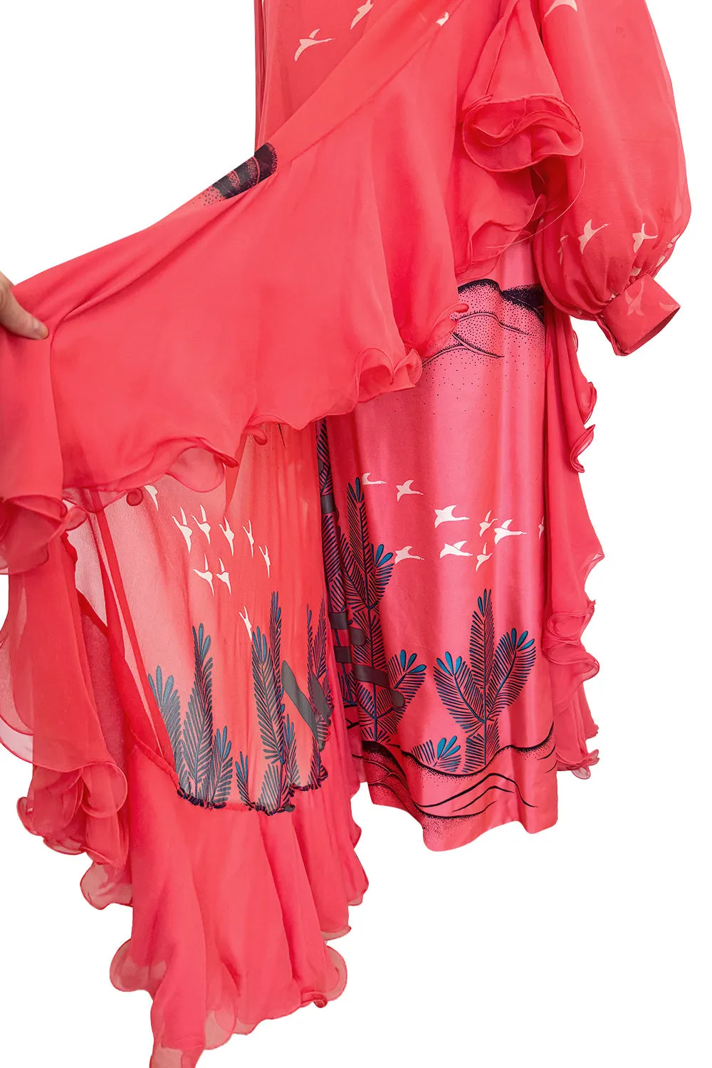 Important Fall 1972 Hanae Mori Couture Ad & Book Piece Silk Chiffon Printed & Ruffled One Sleeve Caftan Dress
