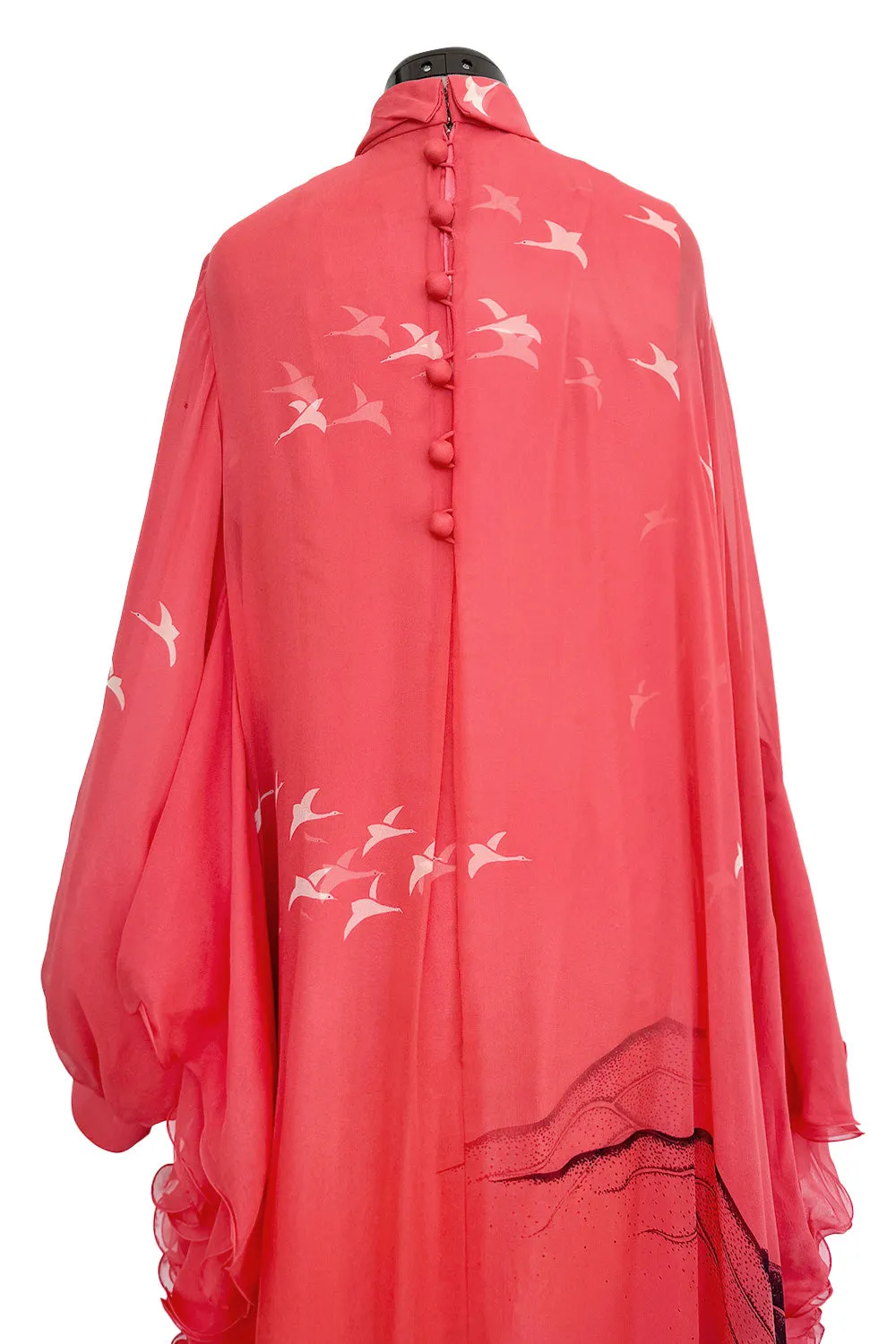 Important Fall 1972 Hanae Mori Couture Ad & Book Piece Silk Chiffon Printed & Ruffled One Sleeve Caftan Dress