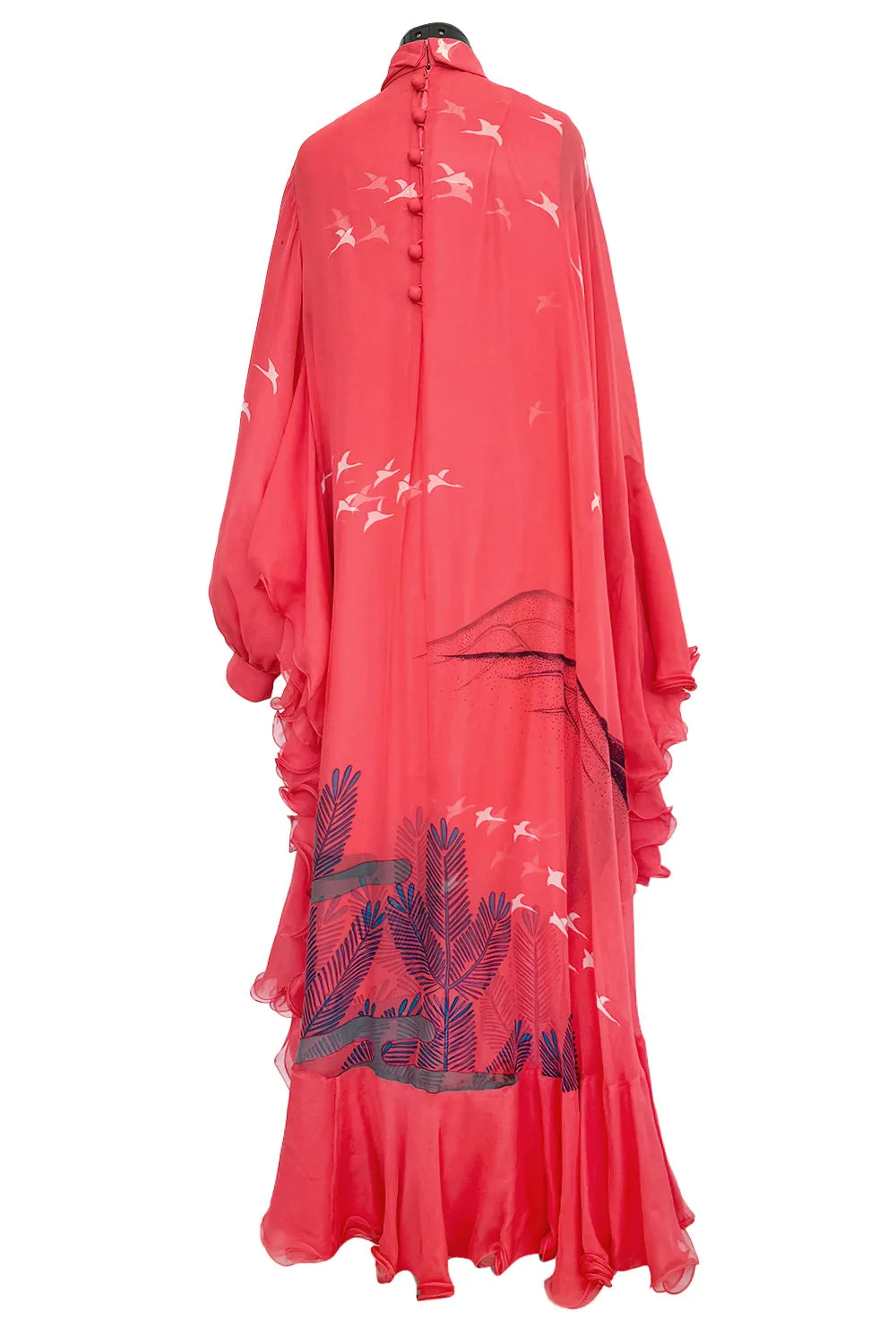 Important Fall 1972 Hanae Mori Couture Ad & Book Piece Silk Chiffon Printed & Ruffled One Sleeve Caftan Dress