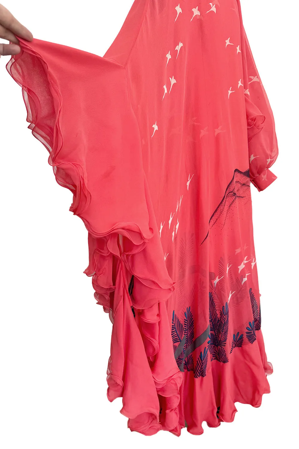 Important Fall 1972 Hanae Mori Couture Ad & Book Piece Silk Chiffon Printed & Ruffled One Sleeve Caftan Dress