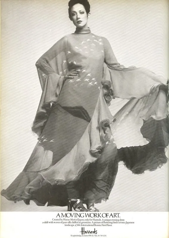 Important Fall 1972 Hanae Mori Couture Ad & Book Piece Silk Chiffon Printed & Ruffled One Sleeve Caftan Dress